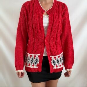 Vintage red knit cardigan sweater medium fair isle cottage womens